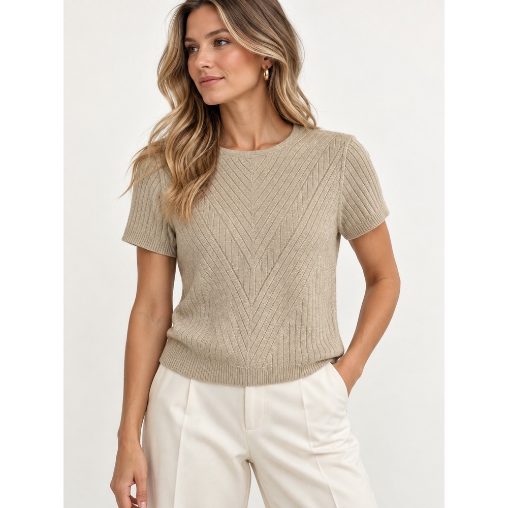 Nanette Lepore Knit Top Womens Size M Champagne Metallic Ribbed Quiet Luxury NWT